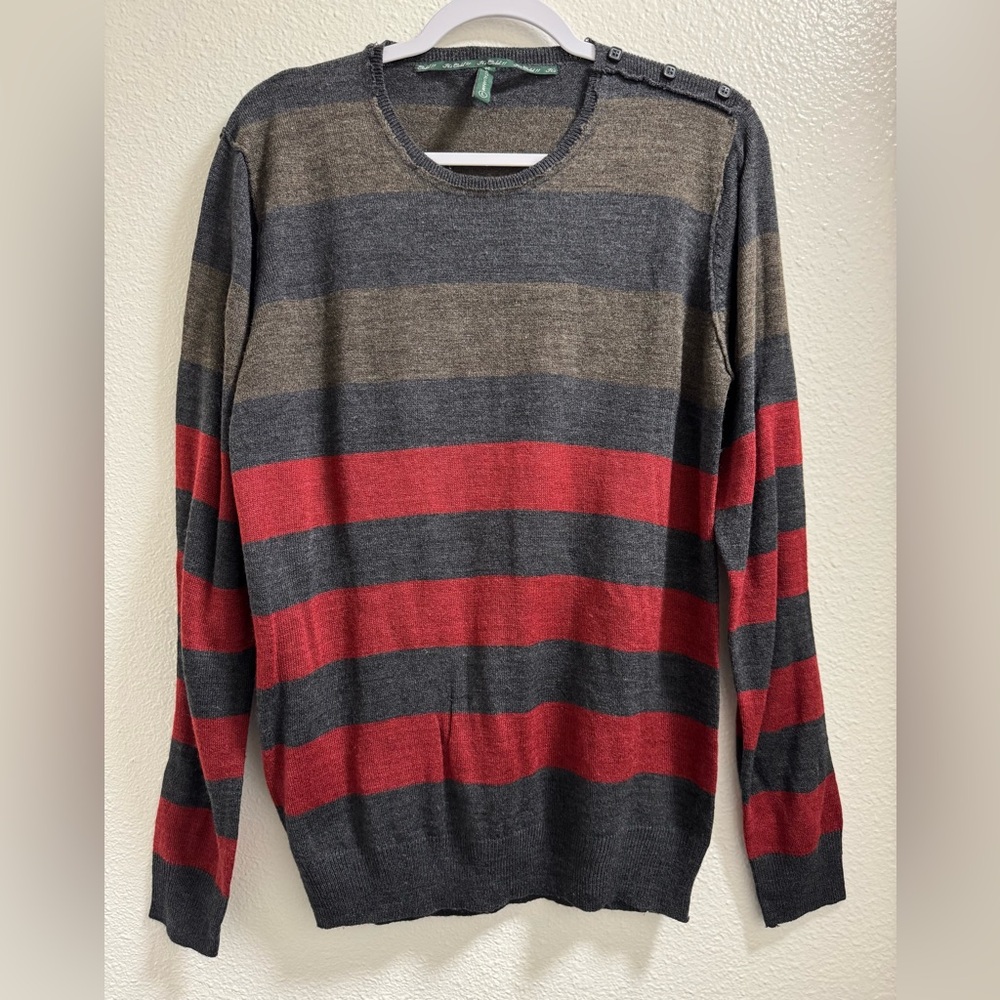 Piazza Italia Knit Striped Sweater Long Sleeve  Button Shoulder Crewneck Mens L